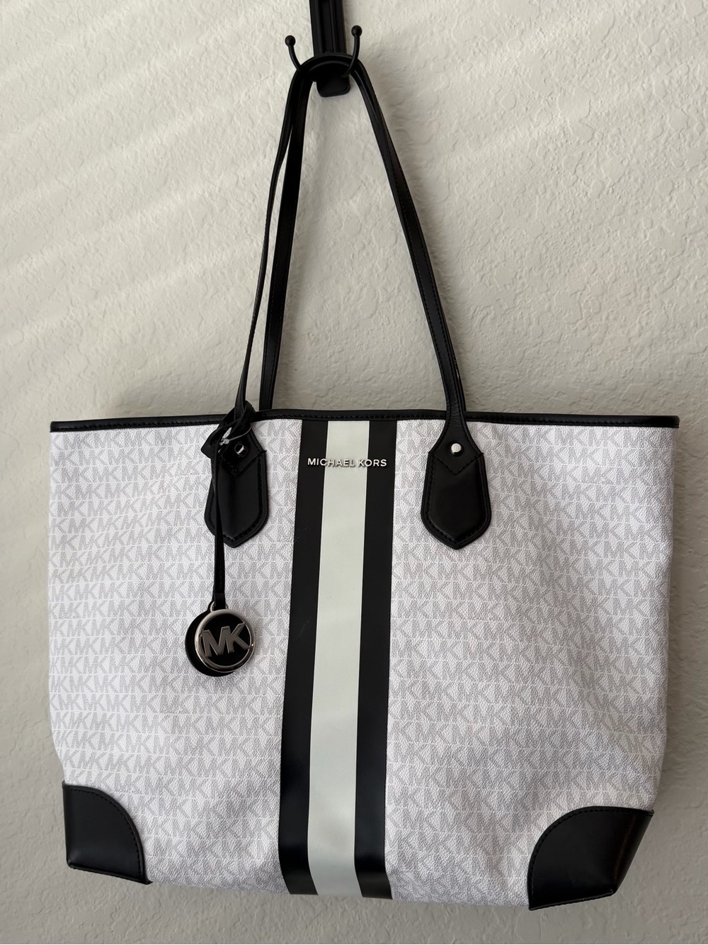 Michael Kors White Signature Stripe Tote with Black Trim
